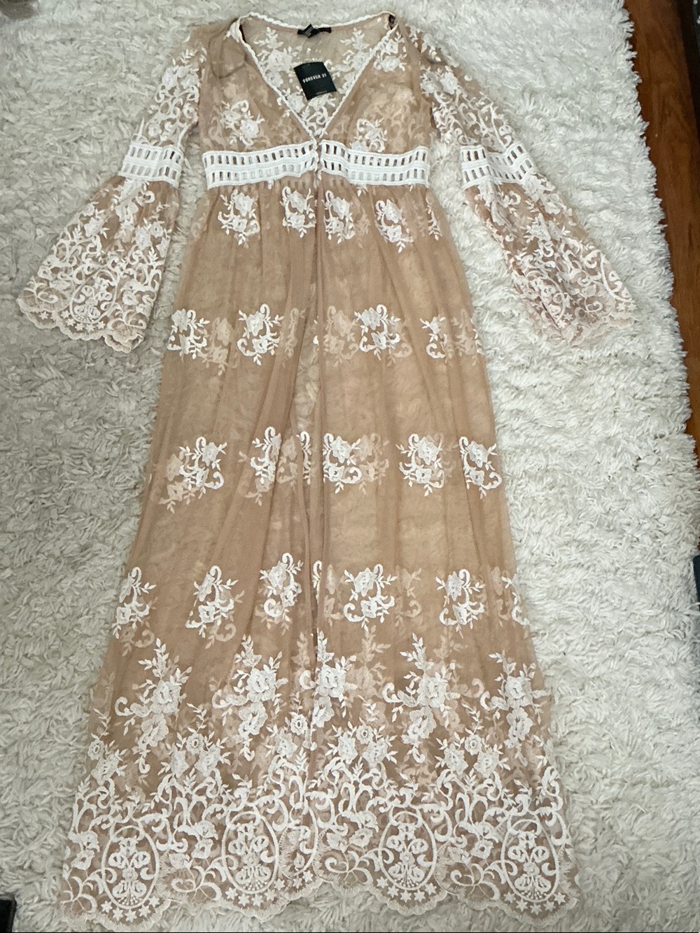 Nude Mesh Cream Crochet Trim Boho Duster